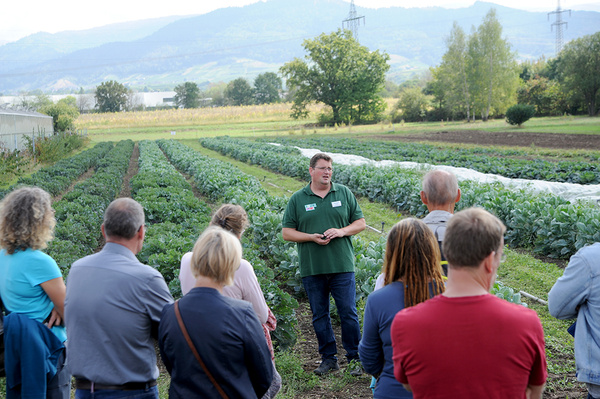 Ein Mann in einem grünen Poloshirt steht auf einem Feld zwischen Reihen von Pflanzen und spricht zu einer Gruppe von Personen, die ihm aufmerksam zuhören. Im Hintergrund sind Felder und Hügel zu erkennen.