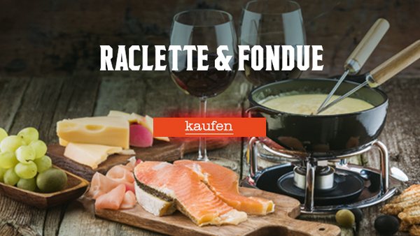 KI generiert: Ein gedeckter Tisch mit Fondue, Käse, Lachs und Wein. Text: "RACLETTE & FONDUE kaufen".