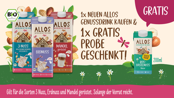 KI generiert: Bio-Getränkeaktion: "1x neuen Allos Genussdrink kaufen & 1x gratis Probe geschenkt!"