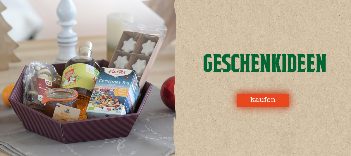 KI generiert: Ein Geschenkset mit Kräuterteemischung und Honig, daneben Text "GESCHENKIDEEN kaufen".