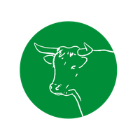 Grünes Symbol eines Kuhkopfes mit Hörnern, das darauf hinweist, dass Demeter-Kühe nicht enthornt werden und ihre Hörner für Verdauung und Wohlbefinden wichtig sind.
