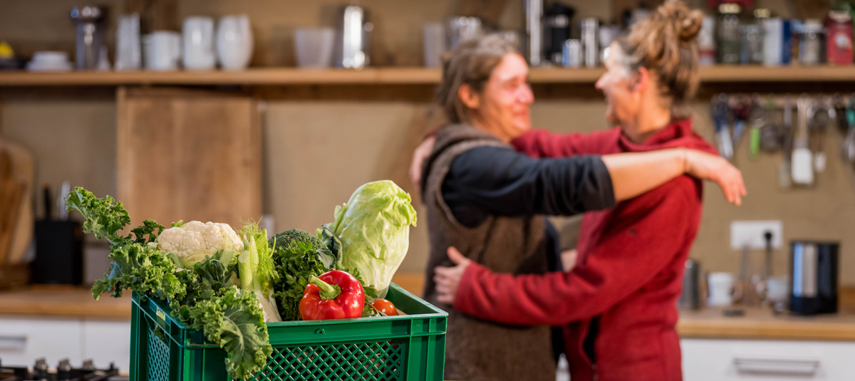 eine Person übergibt einen Korb mit Obst
