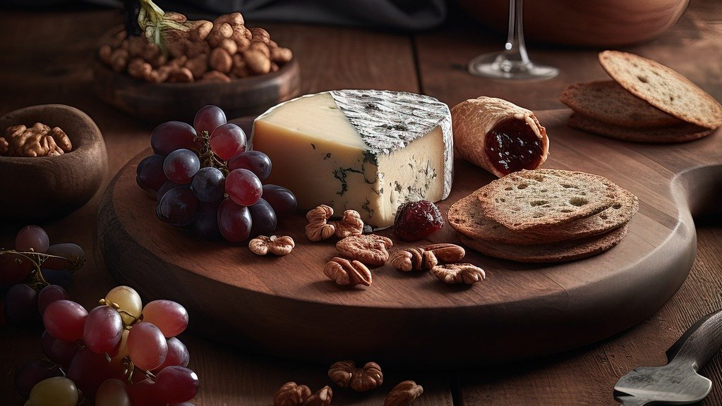 Eine edle Käseplatte mit einem Stück Blauschimmelkäse, frischen Trauben, Nüssen, Crackern und einem Feigenröllchen auf einem runden Holzbrett. Im Hintergrund ein Glas Rotwein und rustikale Atmosphäre.