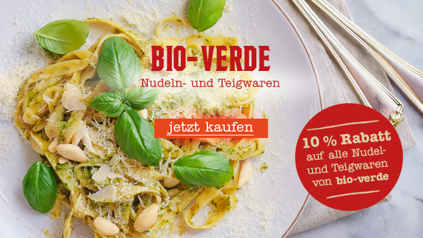 KI generiert: Ein Teller mit Nudeln, dazu ein Rabattangebot für Bio-Verde-Produkte: "10 % Rabatt auf alle Nudel- und Teigwaren."