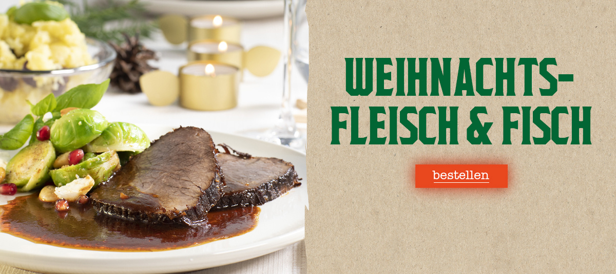 KI generiert: Ein Teller mit Fleisch und Rosenkohl, daneben der Text "WEIHNACHTS- FLEISCH & FISCH bestellen".