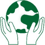 Grünes Symbol von zwei Händen, die eine Erdkugel halten, das Ressourcen und CO2 darstellt, mit der Beschriftung 'Ressourcen & CO2'.