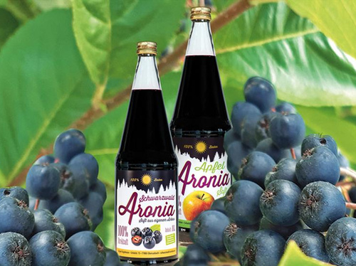Zwei Flaschen Aronia-Saft neben frischen, dunklen Beeren.