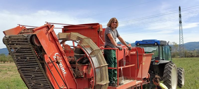 Eine Panoramaaufnahme, die eine landwirtschaftliche Szene zeigt. In der Mitte steht eine Person mit langen, blonden Haaren und einem grauen T-Shirt auf einer großen, orangefarbenen Erntemaschine, die an einen Traktor gekoppelt ist. Die Person lehnt sich an der Maschine an und blickt direkt in die Kamera. Im Hintergrund sind ein Feld, Strommasten und bewaldete Hügel unter einem blauen Himmel zu sehen.