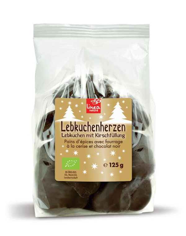 Produktfoto zu Zartbitter Lebkuchenherzen mit Kirschfüllung, 125 g - 20% reduziert