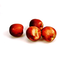 Vier Nektarinen auf weißem Hintergrund.