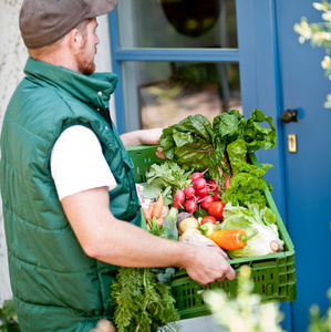 Lieferbote mit grüner Weste übergibt eine bunte Gemüsekiste an der Haustür – Symbol für die Probebelieferung.