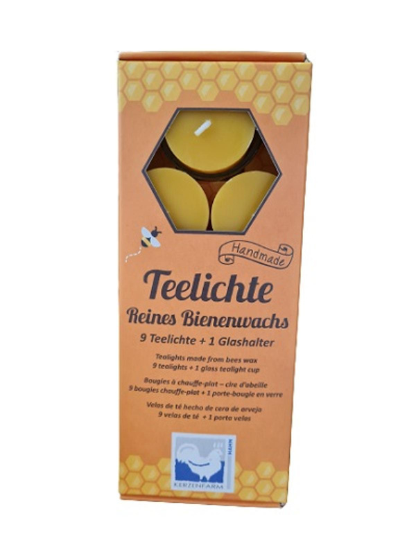 Produktfoto zu Teelichter aus Bienenwachs, 9 Teelichter und 1 Glashalter