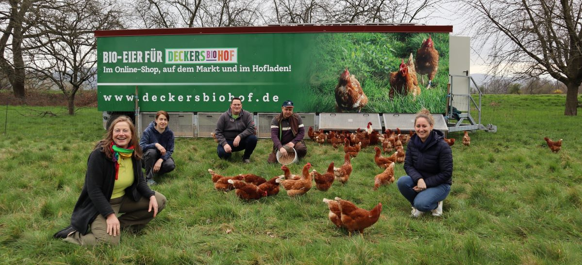 Eine Gruppe von fünf Erwachsenen und zahlreichen Hühnern posiert vor einem großen Plakat oder einer Plane mit der Aufschrift „BIO-EIER FÜR DECKERS BIOHOF“ und „www.deckersbiohof.de“. Die Menschen knien oder hocken in einem grünen Grasfeld, umgeben von den braunen Hühnern. Im Hintergrund sind Bäume zu sehen.