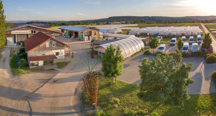  Eine Weitwinkelansicht eines landwirtschaftlichen Betriebs mit mehreren Gebäuden, Gewächshäusern und einem Parkplatz für Lieferwagen. Links im Bild stehen zwei traditionell aussehende Gebäude mit Holzelementen und roten Dächern. Rechts davon erstrecken sich mehrere Tunnelgewächshäuser und dahinter offene Felder. Auf dem Parkplatz stehen mehrere weiße Lieferwagen. Im Vordergrund befindet sich ein kreisförmiger Kiesweg mit Grünflächen und einem hohen, skulpturalen Pflanzengefäß in der Mitte. Im Hintergrund sind sanfte Hügel und weitere Felder unter einem klaren Himmel zu sehen.
