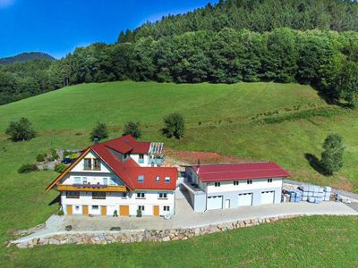 Traditionelles Bauernhaus umgeben von grüner Schwarzwaldlandschaft.