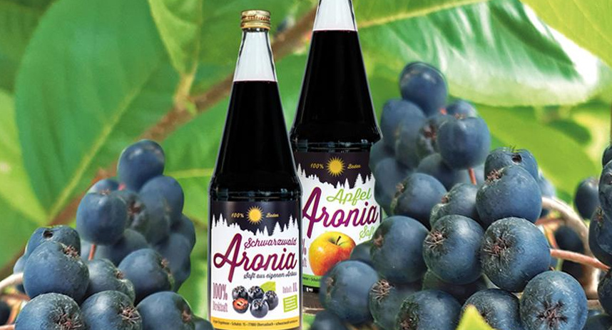  Zwei Flaschen dunklen Aroniasafts stehen inmitten von reifen Aroniabeeren an einem Strauch. Die Etiketten der Flaschen sind sichtbar und zeigen unter anderem die Worte "schwarzwald Aronia" und "Apfel Aronia".