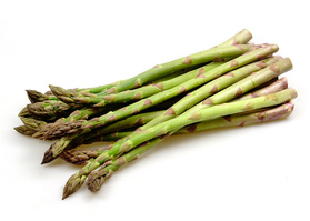 Grüner Spargelbund auf weißem Hintergrund.