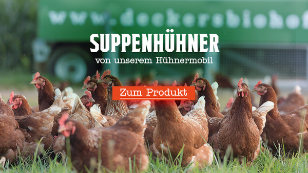 KI generiert: Hühner auf einer Wiese mit Text: "Suppenhühner von unserem Hühnermobil. Zum Produkt".