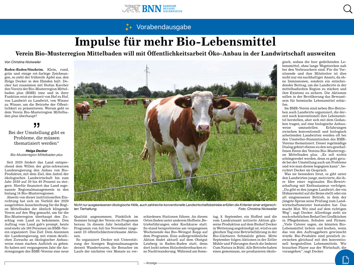 Zeitungsartikel der Badischen Neuesten Nachrichten mit der Überschrift Impulse für mehr Bio-Lebensmittel. Thema ist die Bio-Musterregion Mittelbaden, die durch Öffentlichkeitsarbeit und Projekte den Öko-Landbau stärken will. Im Bild sind Kühe auf einer grünen Weide zu sehen, Symbol für biologische Landwirtschaft.