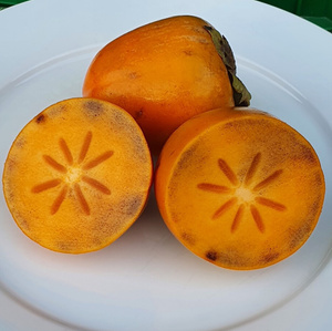 Drei orangefarbene Kakis oder Sharons, eine ganze und zwei halbierte, die ihre innere Struktur zeigen, auf weißem Hintergrund, beschriftet mit 'Kakis und Sharons'.