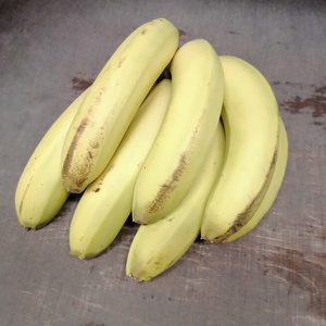 Ein Bund gelb-grüner Bananen auf grauem Untergrund, beschriftet mit 'Banane'