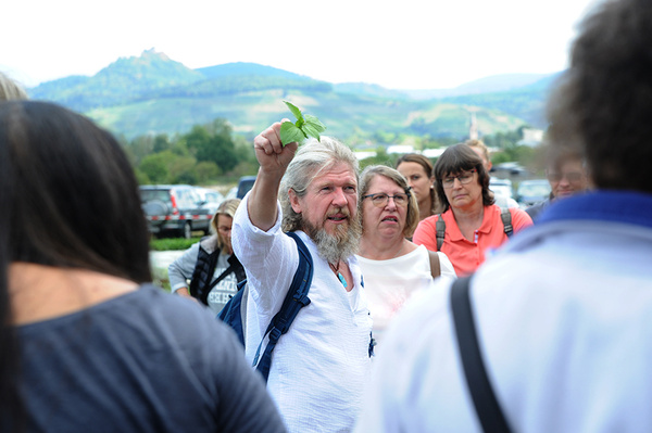 Ein Mann mit grauem Bart und langen Haaren hält ein grünes Blatt hoch und erklärt es einer Gruppe von Menschen, die ihm auf einem Feld oder Parkplatz zuhören. Im Hintergrund sind Hügel zu sehen.