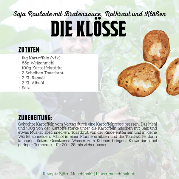Ein Bild mit dem Rezept für die Klöße. Die Überschrift lautet "DIE KLÖSSE" und darunter sind Zutaten und die Zubereitungsanleitung aufgeführt. Handgezeichnete Klöße sind ebenfalls abgebildet. Im Hintergrund ist das Porträt des Mannes erkennbar.