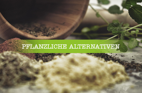Gemahlene pflanzliche Zutaten mit frischen Kräutern im Hintergrund mit Überschrift "Pflanzliche Alternativen"