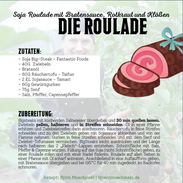cccccEin Bild mit dem Rezept für die Hauptspeise, die Soja-Roulade. Die Überschrift lautet "DIE ROULADE" und darunter sind Zutaten und die Zubereitungsanleitung aufgeführt. Eine handgezeichnete Roulade, die aufgeschnitten und in Scheiben daneben liegt, ist zu sehen. Im Hintergrund ist ein leicht verschwommenes Porträt eines Mannes zu sehen.